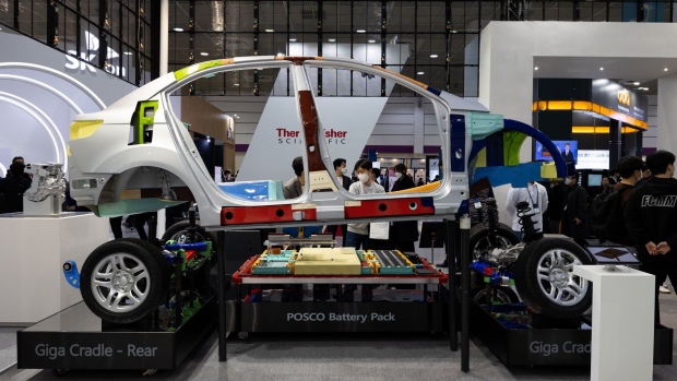 A Posco Chemical Co. battery pack for electric vehicle displayed at the InterBattery exhibition in Seoul, South Korea, on Thursday, March 17, 2022. The exhibiton will run through March 19.
