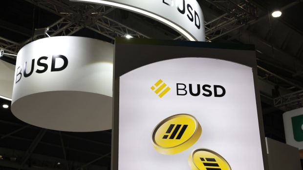 Signage for Binance's BUSD stablecoin at the Singapore FinTech Festival in Singapore, on Thursday, Nov. 3, 2022. The conference runs through Nov. 4. Photographer: Lionel Ng/Bloomberg