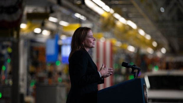 Mary Barra, chief executive officer of General Motors Co., speaks during an event with U.S. President Joe Biden, not pictured, at General Motors' Factory ZERO all-electric vehicle assembly plant in Detroit, Michigan, U.S., on Wednesday, Nov. 17, 2021. General Motors invested $2.2 billion in Factory ZERO, the single largest investment in a plant in GM history.