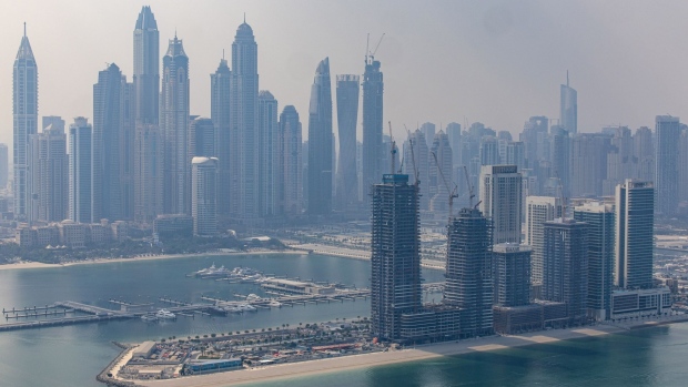 Residential skyscrapers in the Dubai Harbour and Dubai Marina districts of Dubai, United Arab Emirates, on Wednesday, Sept. 28, 2022. The emirate’s prime real-estate prices surged 70.3% over the 12 months through September, making it the biggest gainer on Knight Frank’s global index, which focuses on a city’s most desirable and expensive homes. Photographer: Christopher Pike/Bloomberg