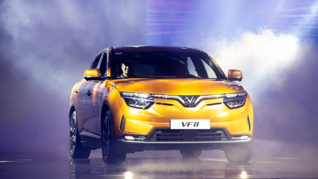 VinFast LLC's VF8 sport utility vehicle (SUV) at a delivery event at the company's factory in Haiphong, Vietnam, on Saturday, Sept. 10, 2022. VinFast, an electric carmaker backed by Vietnam’s richest man, will ship about 5,000 vehicles to customers in the U.S., Canada and Europe early November and begin global deliveries a month later.