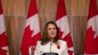 Chrystia Freeland, Canada's deputy prime minister and finance minister, speaks during a press conference before tabling the Fall Economic Statement in Ottawa, Ontario, Canada, on Thursday, Nov. 3 2022. Prime Minister Justin Trudeau’s government will propose a tax on corporate stock buybacks in an effort to encourage companies to invest in domestic operations and workers, Canadian Press reported.
