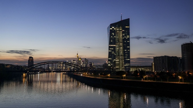 The European Central Bank (ECB) headquarters beside the River Main in Frankfurt, Germany, on Monday, Oct 25, 2021. The European Central Bank insists the current price spike will ease, though officials' most up-to-date view will be revealed at the rate decision, along with their assessment of an economy whose snapback from the pandemic is going awry.