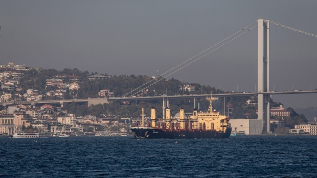 The Valerio dry bulk cargo vessel, carrying Ukrainian wheat bound for Spain, on the Bosporus Strait in Istanbul, Turkey, on Wednesday, Nov. 2, 2022. Wheat prices plunged after Russia agreed to resume the deal allowing safe passage of Ukrainian crop exports, reversing a weekend announcement that sowed chaos through agricultural markets and sent prices soaring. Photographer: Nicole Tung/Bloomberg
