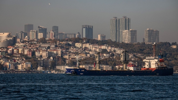 The A-Line dry bulk cargo vessel, carrying Ukrainian wheat bound for Turkey, on the Bosporus Strait in Istanbul, Turkey, on Wednesday, Nov. 2, 2022. Wheat prices plunged after Russia agreed to resume the deal allowing safe passage of Ukrainian crop exports, reversing a weekend announcement that sowed chaos through agricultural markets and sent prices soaring.