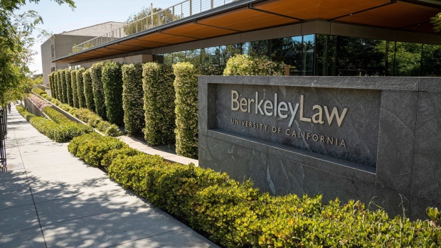 Signage for the Berkeley School of Law on the University of California, Berkeley campus in Berkeley, California, U.S., on Friday, June 4, 2021. The University of California has shared details on a proposed Covid-19 vaccination policy that would require students, faculty, academic appointees, and staff who are accessing campus facilities at any UC location beginning this fall to be immunized against SARS-CoV-2.