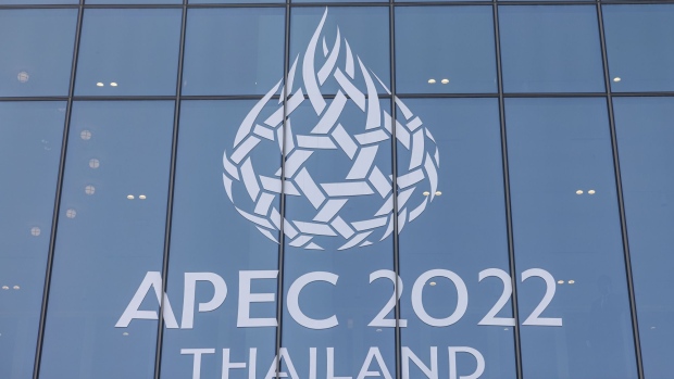 Signage for Asia-Pacific Economic Cooperation (APEC) 2022 outside the Queen Sirikit National Convention Center in Bangkok, Thailand, on Thursday, Oct. 20, 2022. Finance ministers and officials from 21 APEC members and other international organizations convened in Bangkok this week, and digital currency is be one of the main topics for discussions, Thailand’s finance ministry said in a statement. Photographer: Andre Malerba/Bloomberg