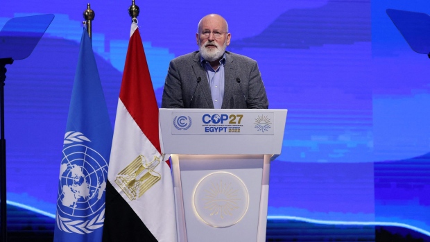 EU Executive Prime Minister Frans Timmermans delivers a speech at the Sharm el-Sheikh International Convention Centre, in Egypt's Red Sea resort city of the same name, during the COP27 climate conference on November 15, 2022.  Photographer: Ahmad Gharabli/AFP/Getty Images