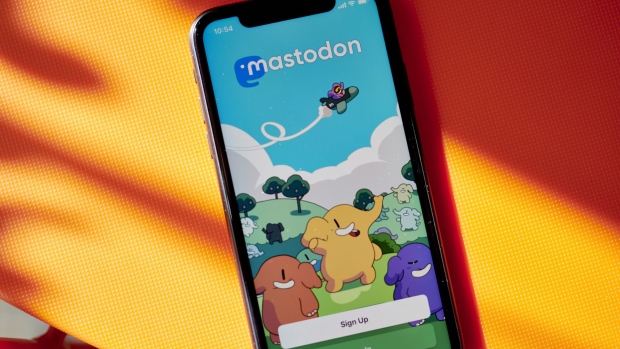 The Mastodon website on a smartphone arranged in the Brooklyn borough of New York, US, on Monday, Nov. 7, 2022. Elon Musk’s agreement to buy Twitter Inc. is sending some users searching for alternative platforms — with mixed success. Photographer: Gabby Jones/Bloomberg