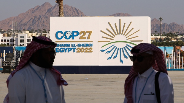 Attendees arrive at the venue on the opening day of the COP27 climate conference at the Sharm El Sheikh International Convention Centre in Sharm El-Sheikh, Egypt, on Monday, Nov. 7, 2022. More than 100 world leaders started arriving in the Egyptian resort of Sharm el-Sheikh for the UN’s annual climate change summit, attempting to maintain momentum in the battle to curb planet-warming emissions. Photographer: Islam Safwat/Bloomberg