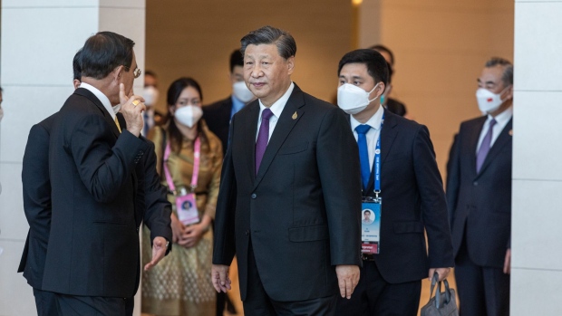 Xi Jinping, China's president, center, arrives at the Asia-Pacific Economic Cooperation (APEC) summit in Bangkok, Thailand, on Friday, Nov. 18, 2022. China and the US are seeking to win over nations to their vision for the region at the APEC summit in Bangkok on Friday, the final meeting in a week of international meetings in Southeast Asia this week.