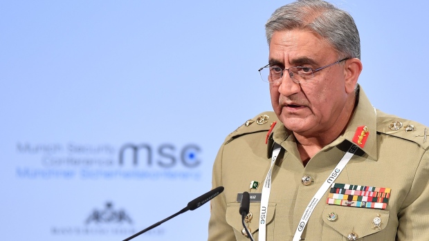 MUNICH, GERMANY - FEBRUARY 17: Pakistan's Chief of Army Staff Qamar Javed Bajwa delivers a speech at the 2018 Munich Security Conference on February 17, 2018 in Munich, Germany. The annual conference, which brings together political and defense leaders from across the globe, is taking place under heightened tensions between the USA, together with its western allies, and Russia. (Photo by Sebastian Widmann/Getty Images)
