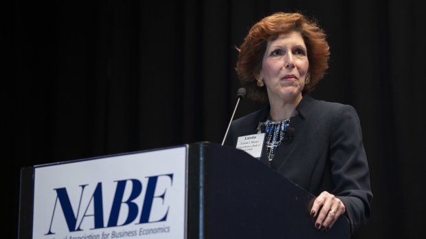 Loretta Mester, president and chief executive officer of Federal Reserve Bank of Cleveland, pauses while speaking during the National Association of Business Economics (NABE) economic policy conference in Washington, D.C., U.S., on Monday, Feb. 24, 2020. This year's annual conference theme is "Examining Policy Prescriptions in an Election Year."