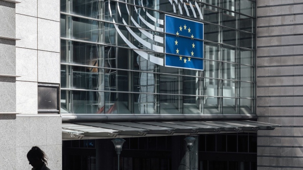 A European Union (EU) symbol outside the European Parliament building, in Brussels.