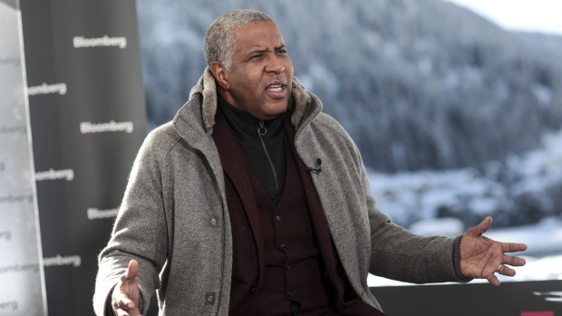 Robert Frederick Smith, billionaire and chairman, co-founder and chief executive officer of Vista Equity Partners, gestures as he speaks during a Bloomberg Television interview on day two of the World Economic Forum (WEF) in Davos, Switzerland, on Wednesday, Jan. 24, 2018. World leaders, influential executives, bankers and policy makers attend the 48th annual meeting of the World Economic Forum in Davos from Jan. 23 - 26.