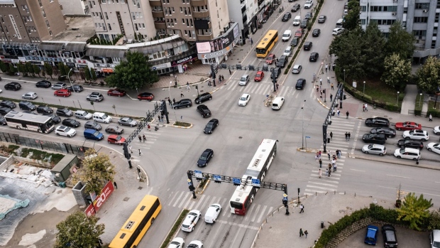 Traffic at a road junction in central Pristina, Kosovo, on Monday, Aug. 22, 2022. The leaderships in Kosovo and Serbia are under increased pressure on them from Washington to Brussels to deliver on their pledges to reconcile after cementing their power.
