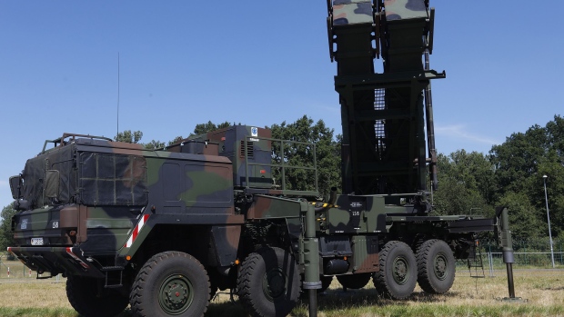 SCHOENEFELD, GERMANY - JUNE 22: A Patriot anti aircraft missile launcher Vehicle stands on display on the first day of the ILA Berlin 2022 air show on June 22, 2022 in Schoenefeld, Germany. This year is the first ILA to be held since 2018. It will run from June 22 through June 26. (Photo by Michele Tantussi/Getty Images)