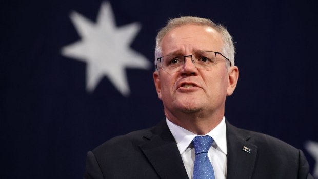 Scott Morrison, Australia's prime minister, speaks during the Liberal National coalition election night event in Sydney, Australia, on Saturday, May 21, 2022. Australia’s Labor Party is set to take power for the first time since 2013, as voters booted out Morrison’s conservative government in a shift likely to bring greater action on climate change and a national body to fight corruption.