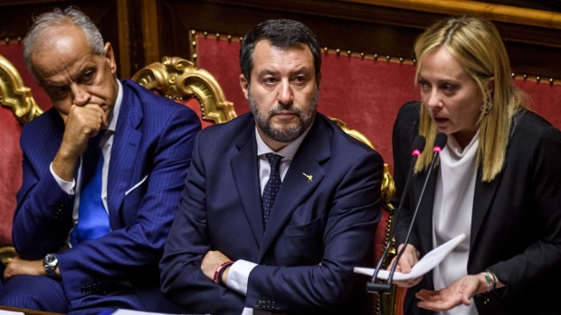 Matteo Salvini, center, with Matteo Piantedosi and Giorgia Meloni at the Senate, in Rome.