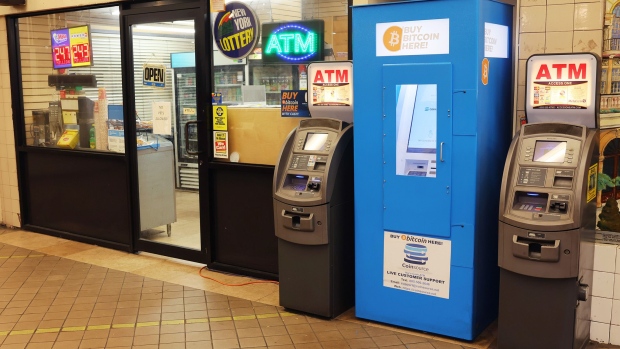 A Bitcoin automated teller machine (ATM) at a gas station in Washington, D.C., U.S., on Monday, Feb. 28, 2022. Cryptocurrencies appear to be kicking off the week with a more positive outlook than U.S. stocks, just as some strategists are predicting the recent high correlation between the two may begin to ease.