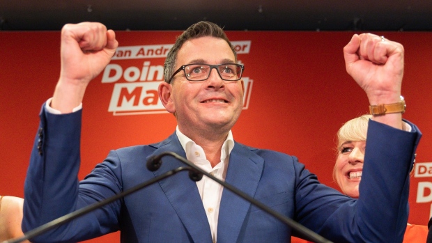 Daniel Andrews celebrates during his victory speech at the Labour election party in his seat of Mulgrave on Nov. 26.
