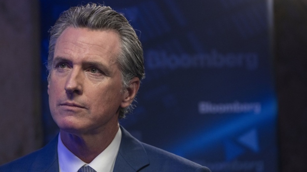 Gavin Newsom, governor of California, during a Bloomberg Television interview in New York, US, on Wednesday, Sept. 21, 2022. Newsom ramped up his attack on Republican-led states, putting up billboards in places like Texas and Oklahoma to advertise options for women traveling for abortion and reproductive care.