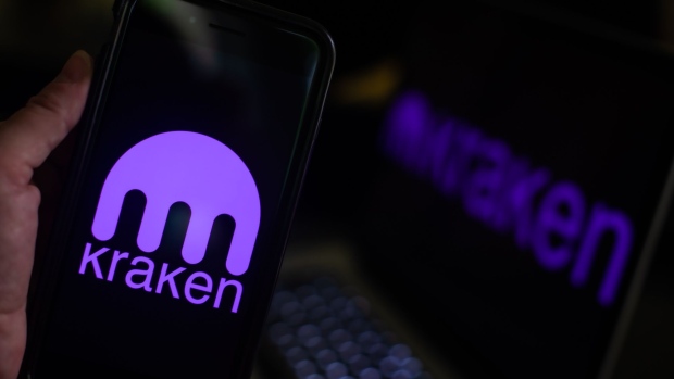 The Kraken logo on a smartphone arranged in Dobbs Ferry, New York, U.S., on Saturday, May 22, 2021. Elon Musk continued to toy with the price of Bitcoin Monday, taking to Twitter to indicate support for what he says is an effort by miners to make their operations greener. Photographer: Tiffany Hagler-Geard/Bloomberg