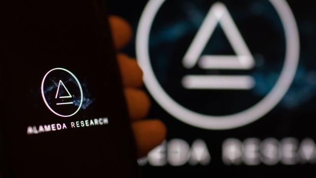 The logo of Alameda Research LLC on digital devices arranged in Riga, Latvia, on Tuesday, Nov. 22, 2022. Alameda, which Sam Bankman-Fried launched prior to co-founding FTX, has been credited with helping to propel the crypto billionaire to international fame and success. Photographer: Andrey Rudakov/Bloomberg