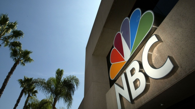 BURBANK, CA - AUGUST 28: The NBC peacock logo is seen on the NBC studios building August 28, 2003 in Burbank, California. Paris-based Vivendi is in the final stages of a long and drawn-out auction of its U.S.-based media assets, collectively known as Vivendi Universal Entertainment, or VUE. NBC is an auction favorite. (Photo by David McNew/Getty Images)