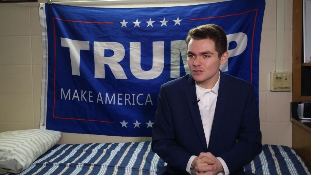 Conservative student and supporter of US President Donald Trump, Nick Fuentes, answers question during an interview with Agence France-Presse in Boston, Massachusetts, on May 9, 2016. Photographer: William Edwards/AFP/Getty Images