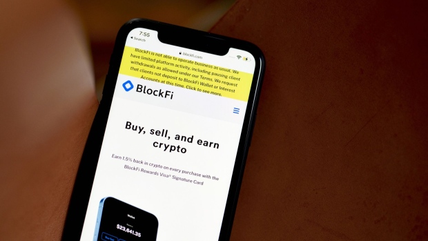 The BlockFi website on a smartphone arranged in the Brooklyn borough of New York, US, on Thursday, Nov. 17, 2022. Cryptocurrency lender BlockFi Inc. is preparing to file for bankruptcy within days, according to people with knowledge of the matter who asked not to be named because discussions are private. Photographer: Gabby Jones/Bloomberg