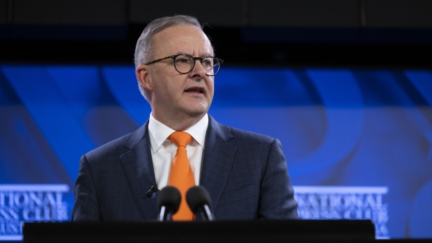 Anthony Albanese, Australia's prime minister, speaks during an event at the National Press Club in Canberra, Australia, on Monday, Aug. 29, 2022. Albanese has promised a shift to an era of "reform and renewal" for his government once the period of Covid-19 recovery is over, in a speech marking 100 days since he took the top job.