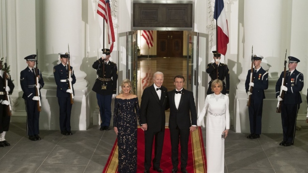 First Lady Jill Biden, from left, US President Joe Biden, Emmanuel Macron, France's president, and wife Brigitte Macron during an arrival on the North Portico of the White House ahead of a state dinner in Washington, DC, US, on Thursday, Dec. 1, 2022.  Photographer: Cliff Owen/CNP/Bloomberg