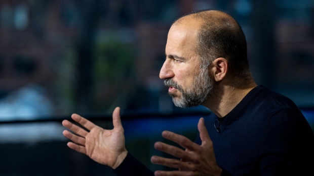 Dara Khosrowshahi, chief executive officer of Uber Technologies Inc., speaks during a Bloomberg Technology television interview in San Francisco, California, U.S., on Tuesday, Dec. 14, 2021. Khosrowshahi said the ride-hailing giant had its best week last week since the start of the pandemic.