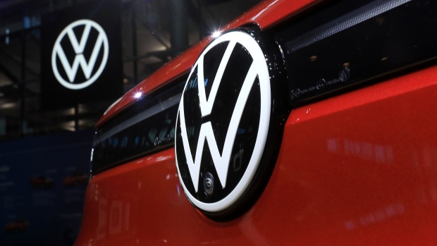 A VW badge on the front of a Volkswagen ID.5 GTX all-electric automobile during the world unveiling at the Volkswagen auto plant in Dresden, Germany, on Nov. 3, 2021. Photographer: Krisztian Bocsi/Bloomberg