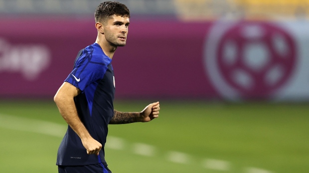 Christian Pulisic of United States trains ahead of their Round of Sixteen match against Netherlands. Photographer: Christopher Lee/Getty Images Europe