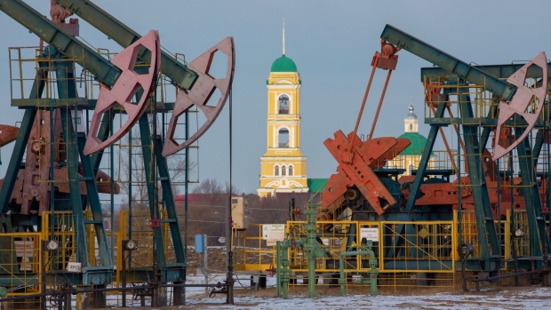 Oil pumping jacks, also known as "nodding donkeys", in an oilfield near Neftekamsk, in the Republic of Bashkortostan, Russia, on Thursday, Nov. 19, 2020. The flaring coronavirus outbreak will be a key issue for OPEC+ when it meets at the end of the month to decide on whether to delay a planned easing of cuts early next year.