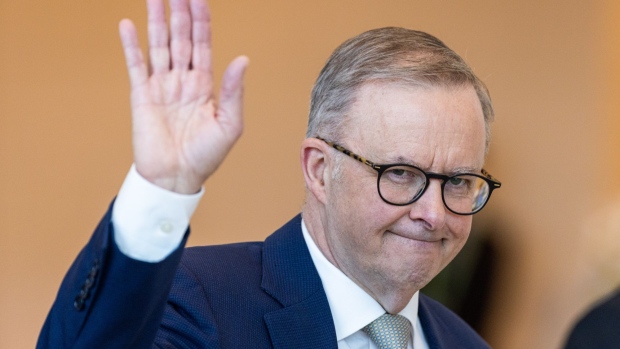 Anthony Albanese, Prime Minister of Australia, waves during the Asia-Pacific Economic Cooperation (APEC) summit in Bangkok, Thailand, on Saturday, Nov. 19, 2022. San Francisco will be the site of next year’s Asia-Pacific Economic Cooperation summit, Vice President Kamala Harris announced, giving the US a high-profile chance to showcase its vision for the region’s future.