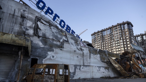 A destroyed shopping center following Russian attacks, in Bucha, Ukraine.