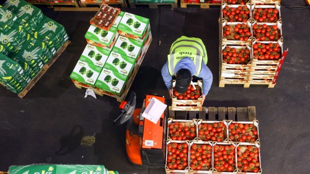 An employee loads tomatoes on to a pallet in the Buyers Walk at New Covent Garden Market wholesale market in London, U.K., on Thursday, Sept. 30, 2021. As hauliers and retailers adapt to address some of the headline-grabbing food shortages, they're also pushing for government help. Photographer: Chris Ratcliffe/Bloomberg