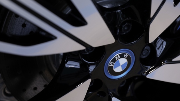 The Bayerische Motoren Werke AG (BMW) badge is displayed above the front grill of a BMW 320d vehicle at the Deutsche Motoren BMW dealership in Faridabad, Haryana, India. Photographer: Graham Crouch
