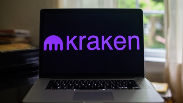 The Kraken logo on a laptop computer arranged in Dobbs Ferry, New York, U.S., on Saturday, May 22, 2021. Elon Musk continued to toy with the price of Bitcoin Monday, taking to Twitter to indicate support for what he says is an effort by miners to make their operations greener. Photographer: Tiffany Hagler-Geard/Bloomberg