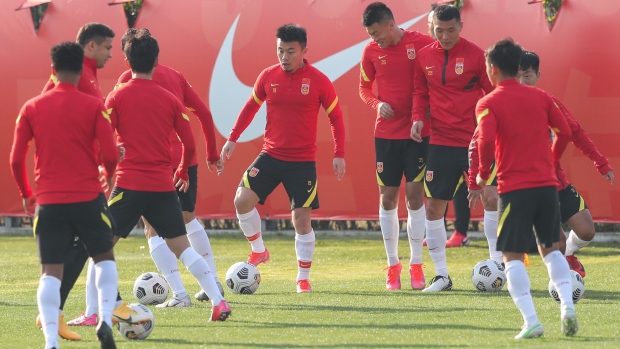 Players of Chinese men's national football team attend a training session in Shanghai, March. 22, 2021.  Photographer: Ding Ting/Xinhua/Getty Images