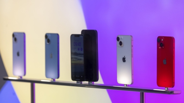 A display of iPhone 14 smartphones at the Apple Inc. Regent Street store in London, UK, on Monday, Nov. 7, 2022. Apple expects to produce at least 3 million fewer iPhone 14 handsets than originally anticipated this year, according to people familiar with its plans.