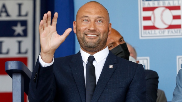 Derek Jeter is introduced during the Baseball Hall of Fame induction ceremony at Clark Sports Center on September 08, 2021 in Cooperstown, New York. 