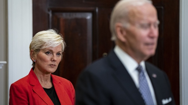 Jennifer Granholm, US energy secretary, listens as US President Joe Biden speaks in the Roosevelt Room of the White House in Washington, DC, US, on Monday, Oct 31, 2022. Biden called on Congress to consider tax penalties for oil and gas companies accruing record profits amid stubbornly high gasoline prices that are dragging on Democrats midterm prospects.
