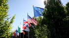 Flags of the Group of Seven (G-7) nations and the European Union (EU) at the Schloss Elmau luxury hotel on the opening day of the leaders summit in Elmau, Germany, on Sunday, June 26, 2022. Issues on Sunday's formal agenda include the global economy, infrastructure and investment and foreign and security policy, while a number of bilateral meetings are also planned.