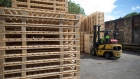 An employee uses a forklift truck to move a stack of non heat treated wooden pallets at Shaw Pallet Ltd. in Huddersfield, U.K., on Tuesday, Aug. 25, 2020. From January, wooden pallets moving goods between the U.K. and EU will need to comply with ISPM-15 -- an international rule that requires them to be baked to 56 degrees Celsius for at least 30 minutes to prevent the spread of pests and diseases. Photographer: Chris Ratcliffe/Bloomberg