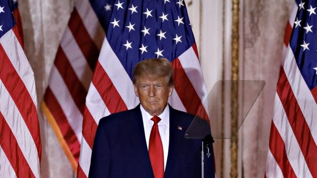 Former US President Donald Trump arrives to speak at the Mar-a-Lago Club in Palm Beach, Florida, US, on Tuesday, Nov. 15, 2022. Trump formally entered the 2024 US presidential race, making official what he's been teasing for months just as many Republicans are preparing to move away from their longtime standard bearer.