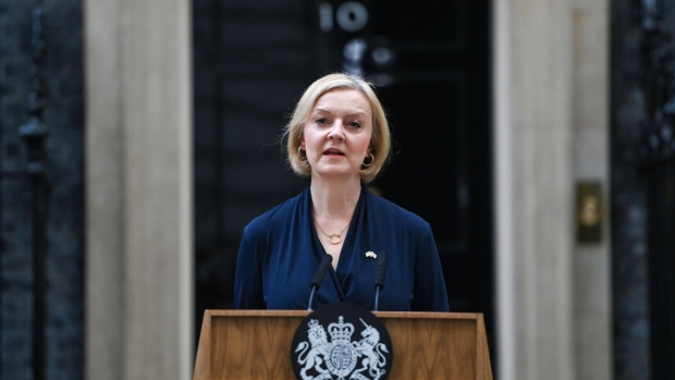 Liz Truss, UK prime minister, delivers her resignation statement outside 10 Downing Street in London, UK, on Thursday, Oct. 20, 2022. Truss quit as UK prime minister after a brief and chaotic tenure that saw her announce a massive package of tax cuts before unwinding most of it in the face of a market rout.